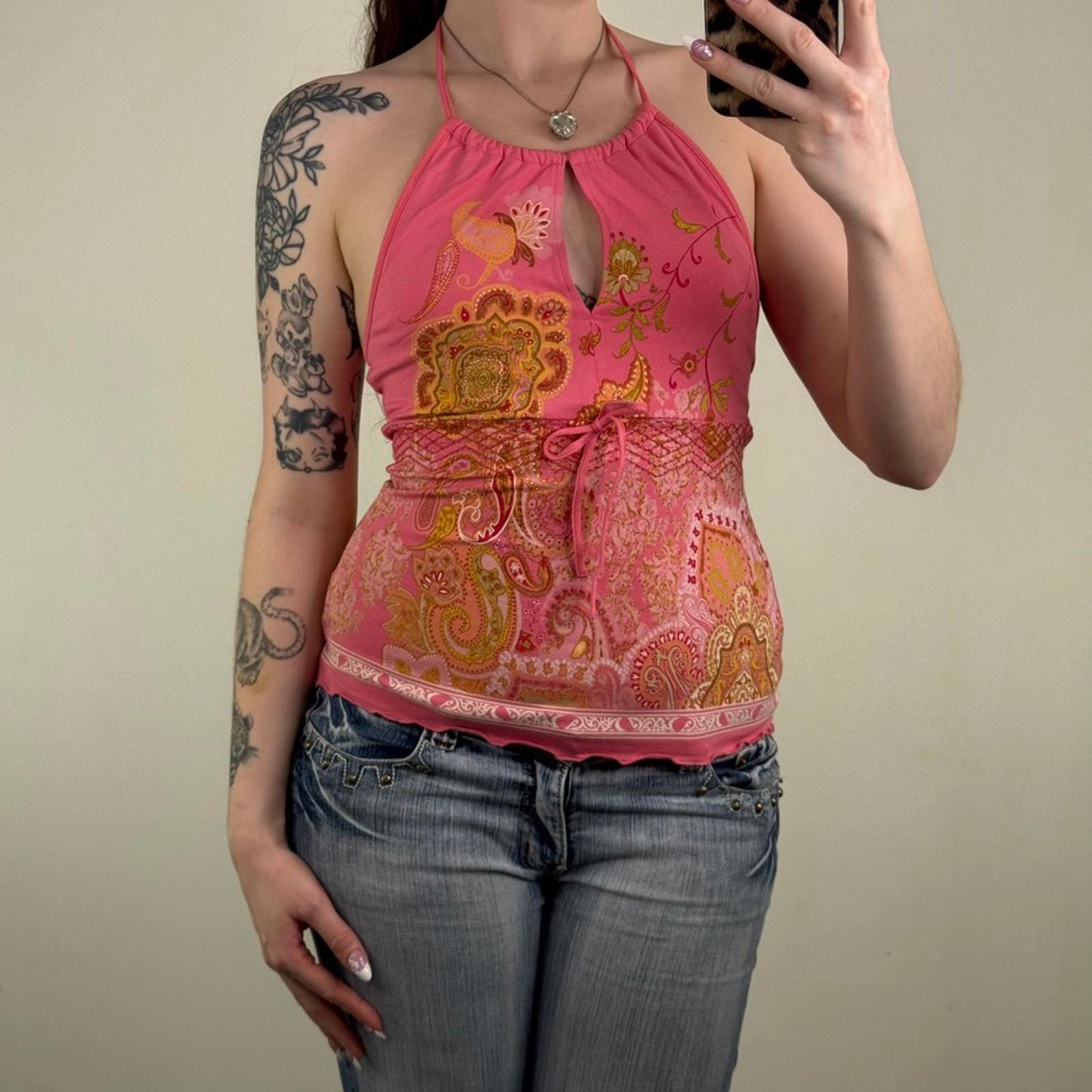 Y2K vintage keyhole tank top halter neck bow paisley pattern bow sparkly