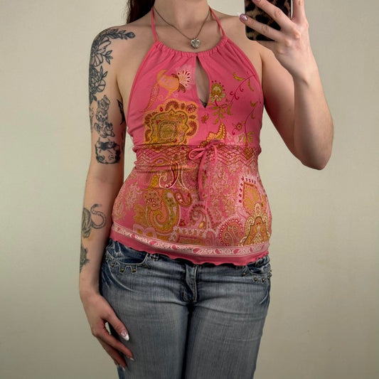 Y2K vintage keyhole tank top halter neck bow paisley pattern bow sparkly