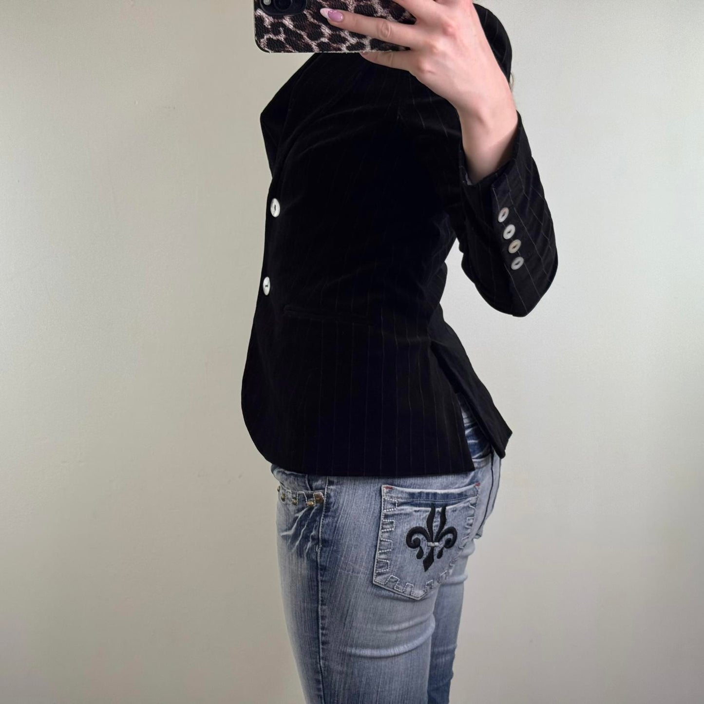 Y2K vintage velour pinstripe blazer jacket shell button up shoulder pad tailored