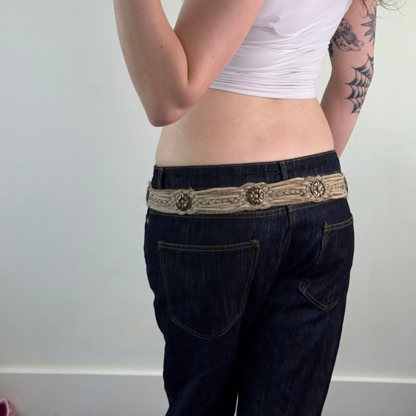 Y2K vintage woven braided disc belt buckle beige clover