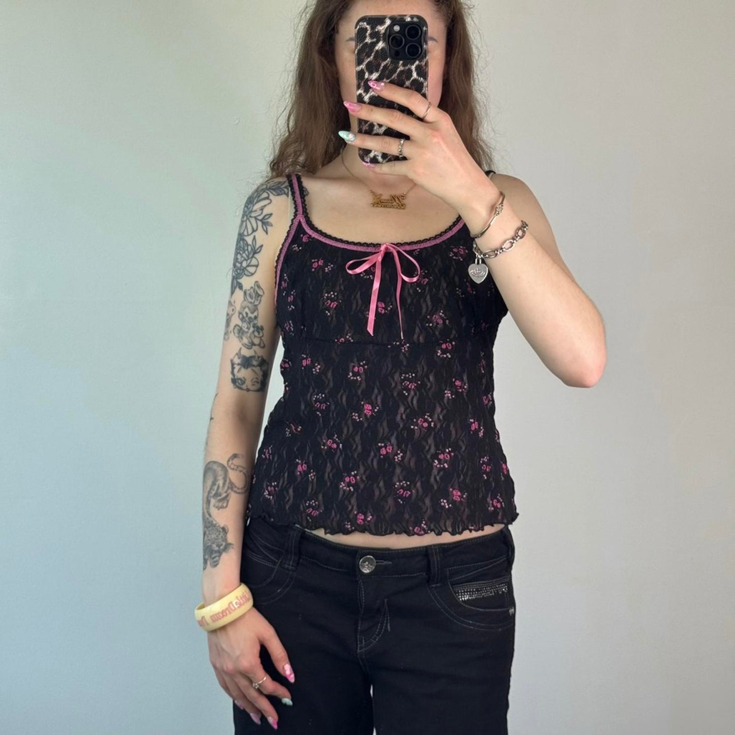 Y2K vintage ditsy floral milkmaid style bow black pink lace overlay trim strappy