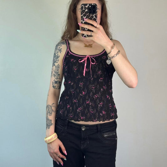 Y2K vintage ditsy floral milkmaid style bow black pink lace overlay trim strappy