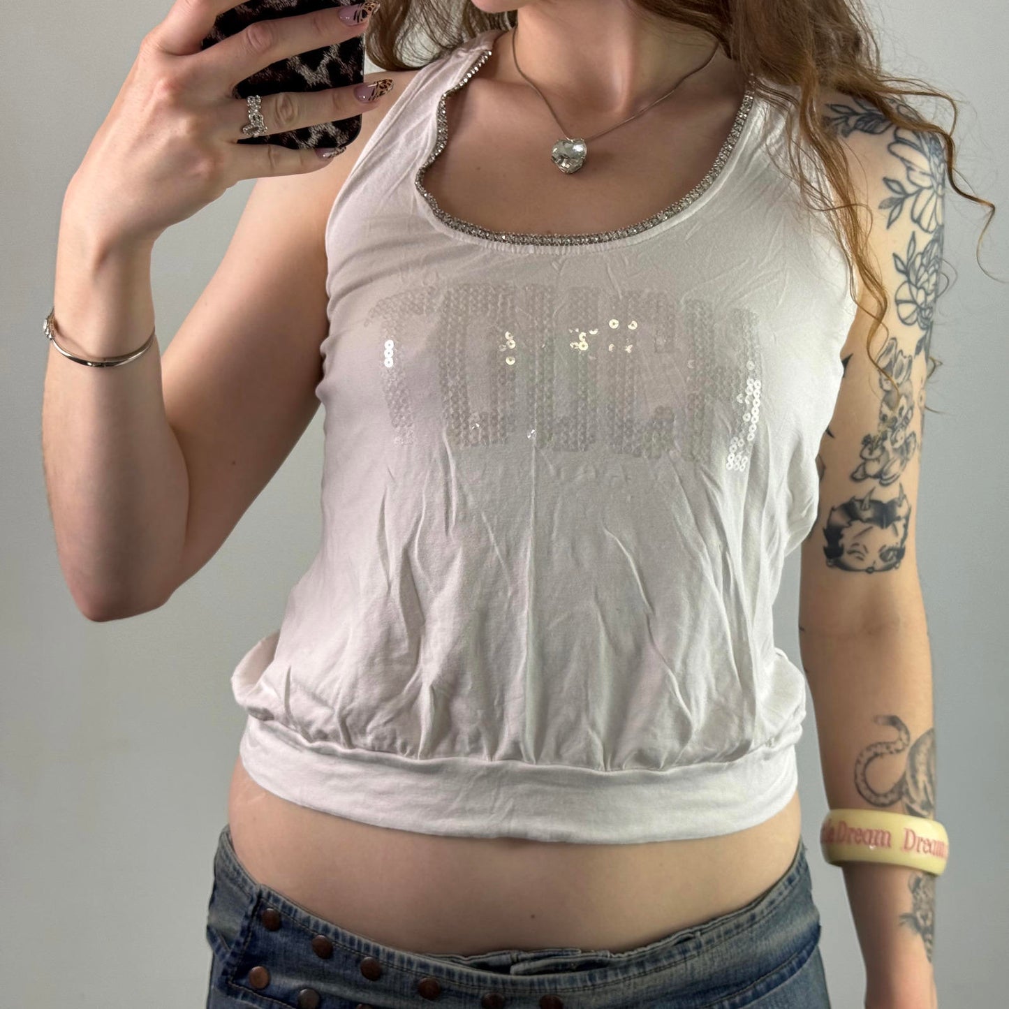 Y2K vintage sequin rhinestone tank top rhinestone racerback touch slogan cropped