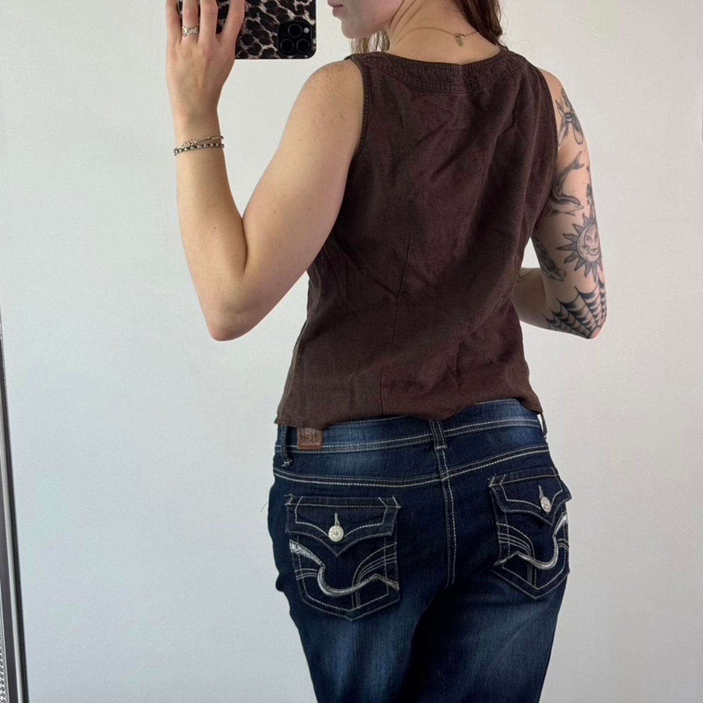 Y2K vintage part linen round neck sleeveless tank top button archive brown