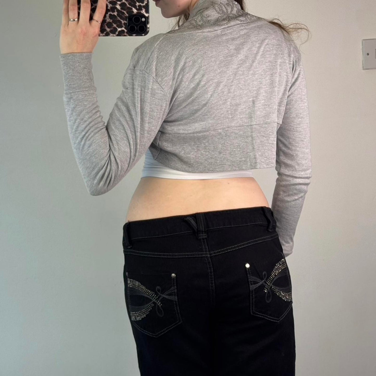 Y2K vintage grey cropped cardigan bolero floral sparkly glitter long sleeve