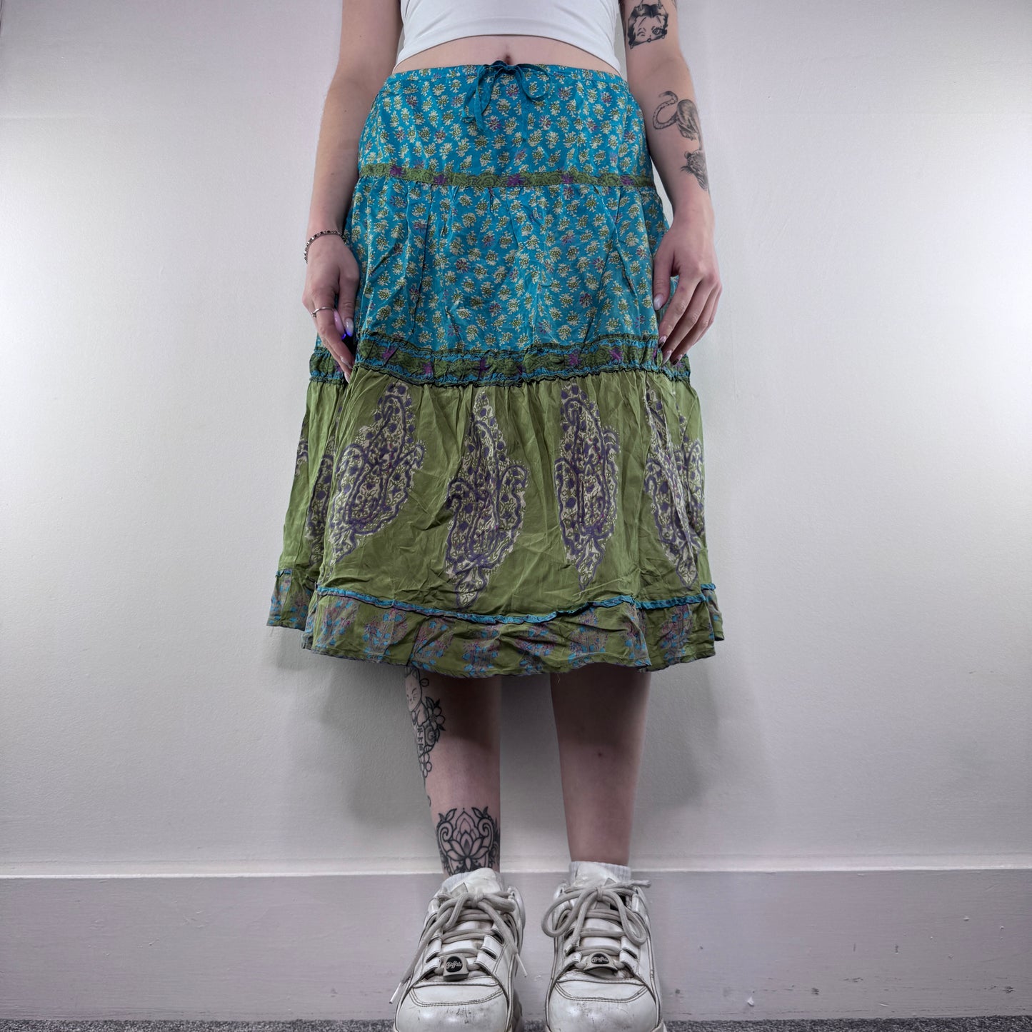 Y2K vintage paisley print silk midi skirt