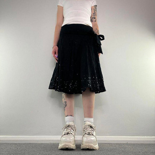Y2K vintage sequin midi skirt boho floaty bow a line knee length emebellished