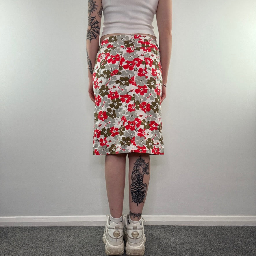 Y2K summer hibiscus denim midi skirt