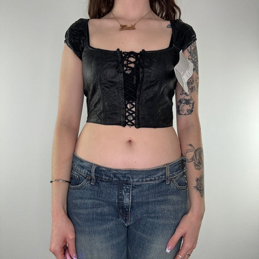 90s Y2K lace up leather crop top