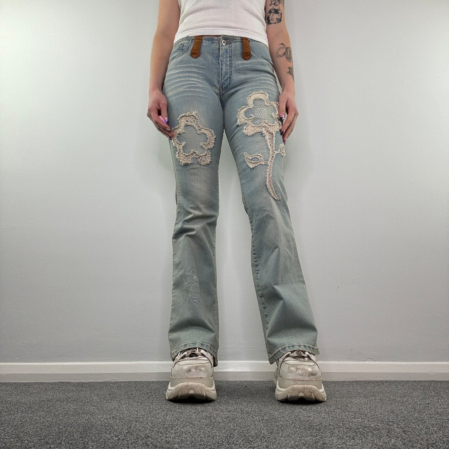 Y2K faded denim floral lace bootcut jeans