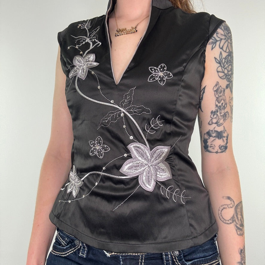 Y2K Jane Norman satin floral embroidered top