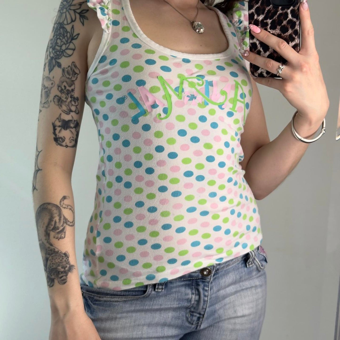 Y2K vintage Animal polka dot spotty frill tank top