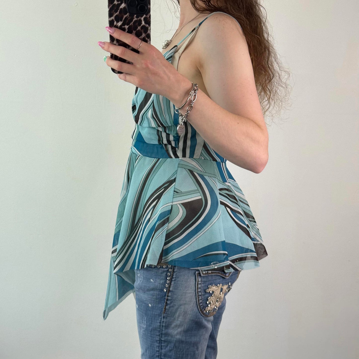 Y2K vintage mesh swirly cami top asymmetrical pattern v neck floaty flowy summer