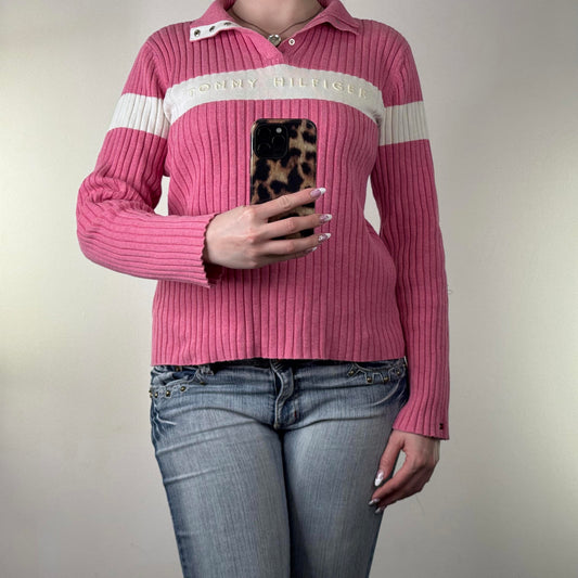 90s Y2K vintage Tommy Hilfiger jumper henley ribbed high neck pink white knit