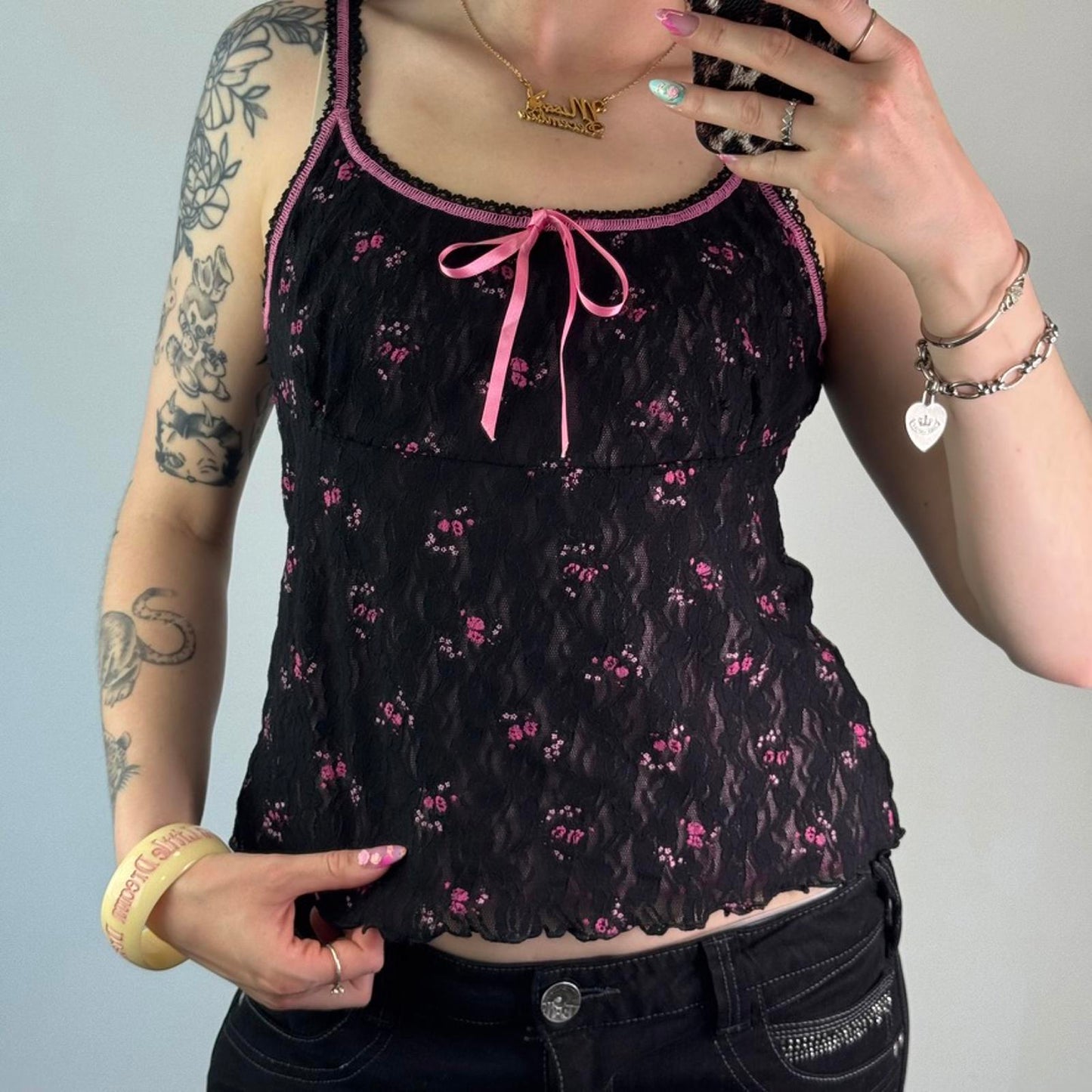 Y2K vintage ditsy floral milkmaid style bow black pink lace overlay trim strappy