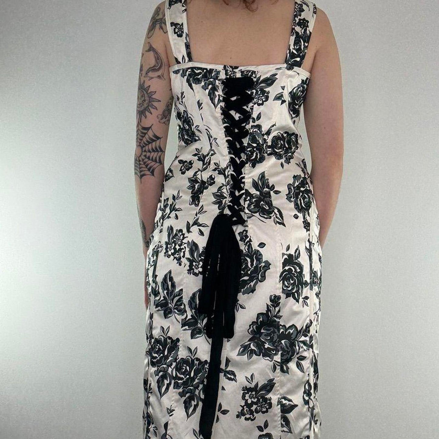 Y2K vintage rose lace up midi dress floral black white monochrome occasion