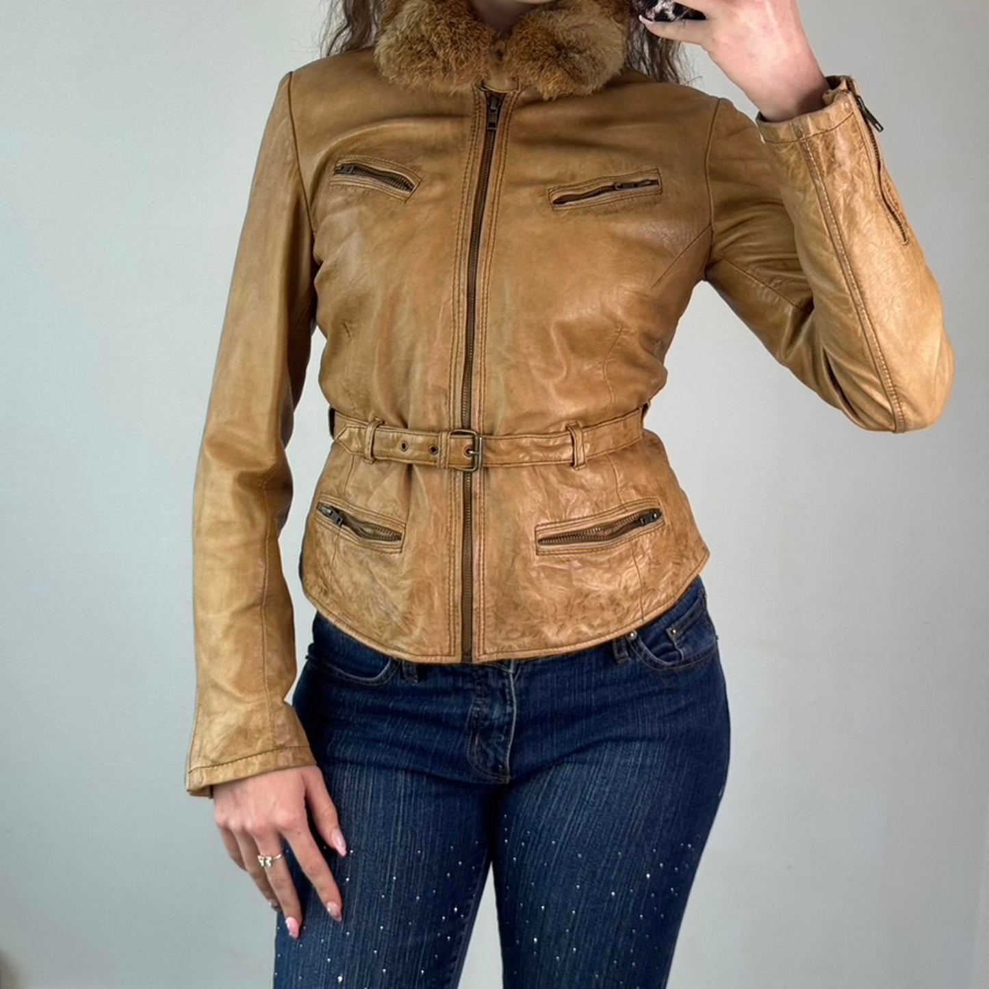 Y2K vintage genuine leather real fur trim collar zip up fitted jacket