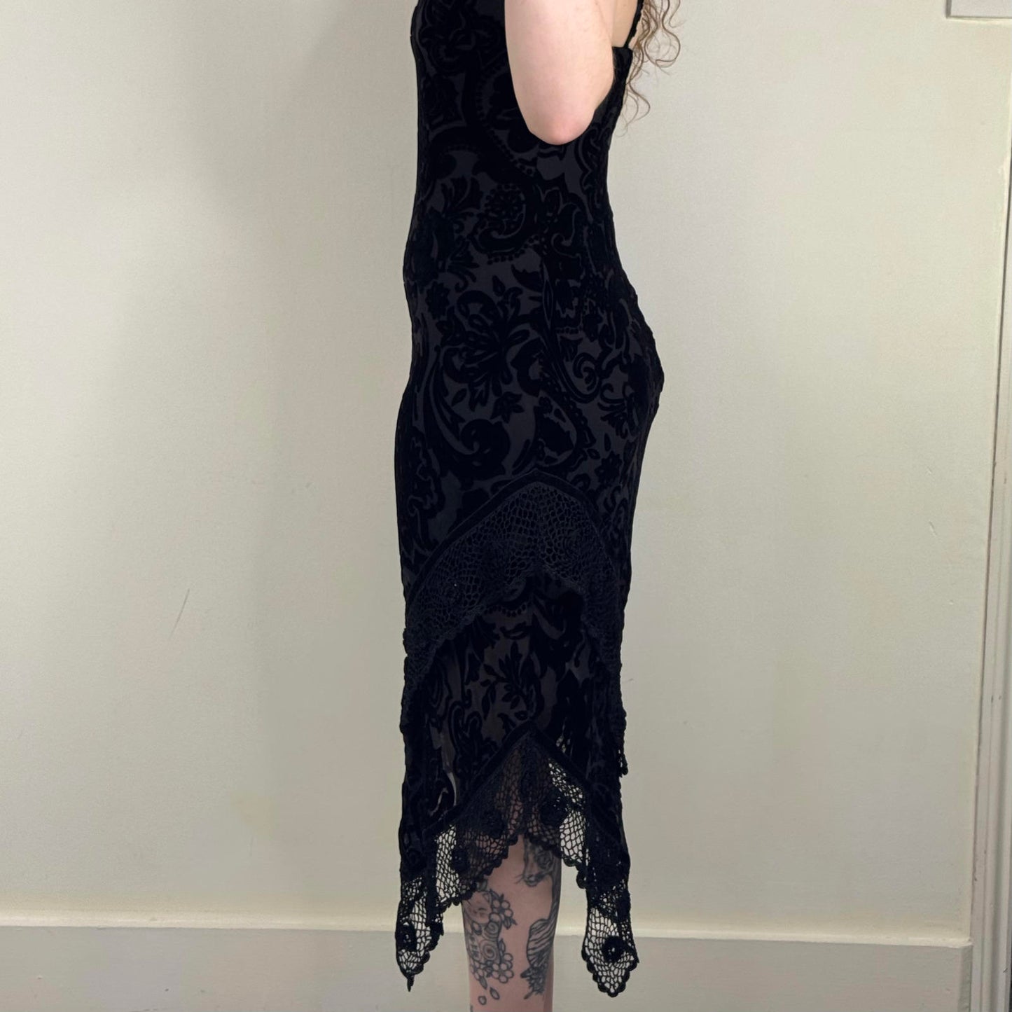 Y2K vintage Laura Ashley vintage maxi dress silk blend crochet hanky hem velvet