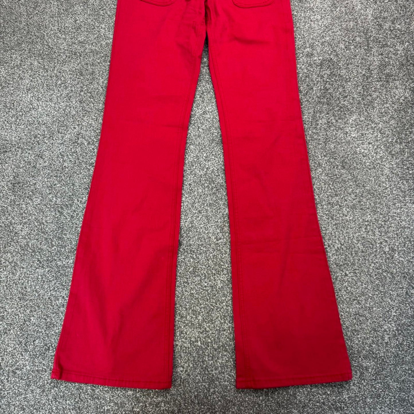 Y2K vintage low rise stretch bootcut jeans embroidered pockets bright red zipper