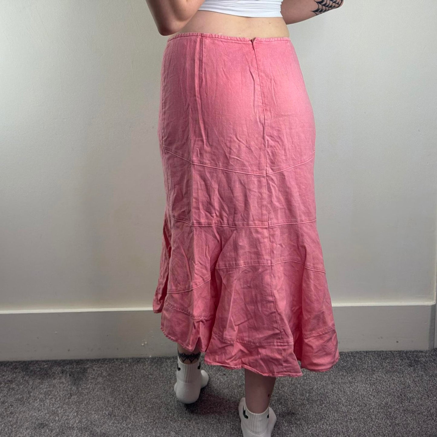 Y2K vintage linen/ cotton salmon pink maxi skirt curved hem