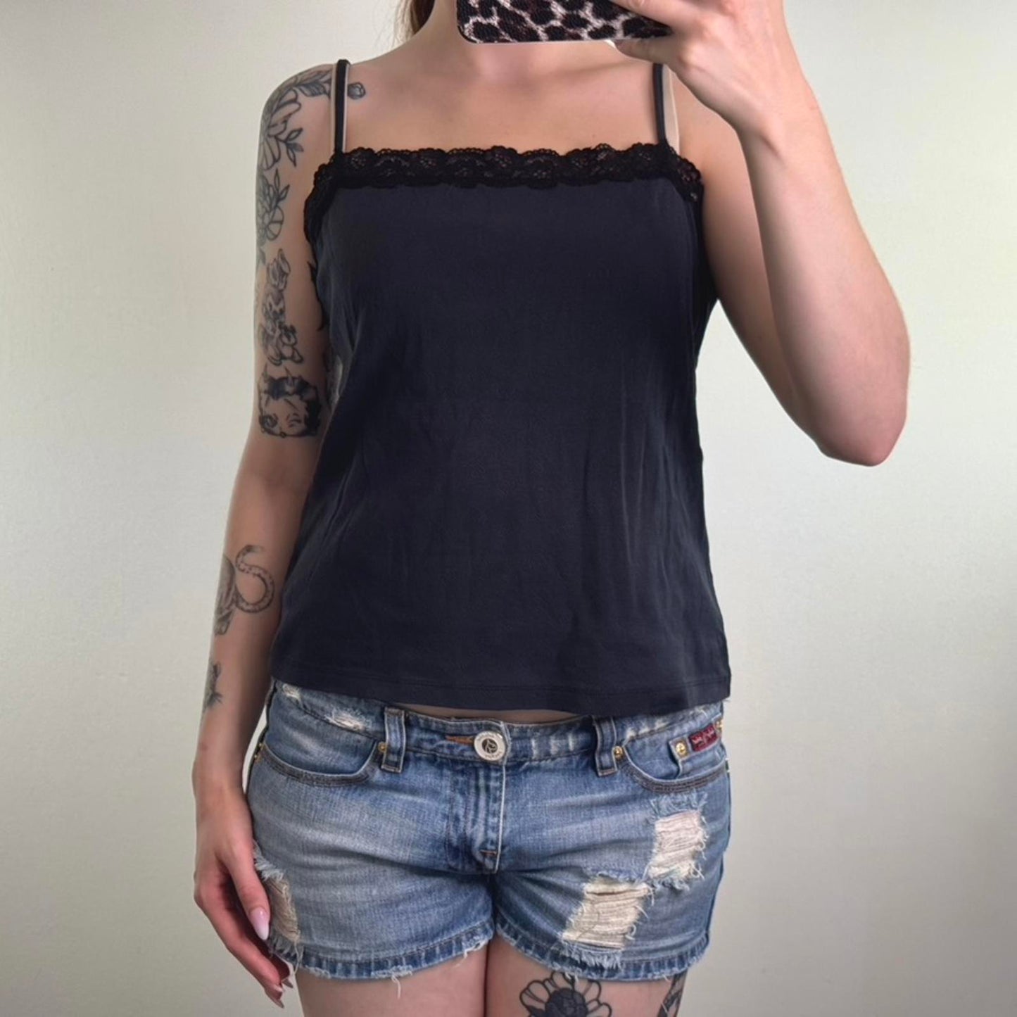 Y2K vintage heart pattern lace trim cami top square neckline strappy black