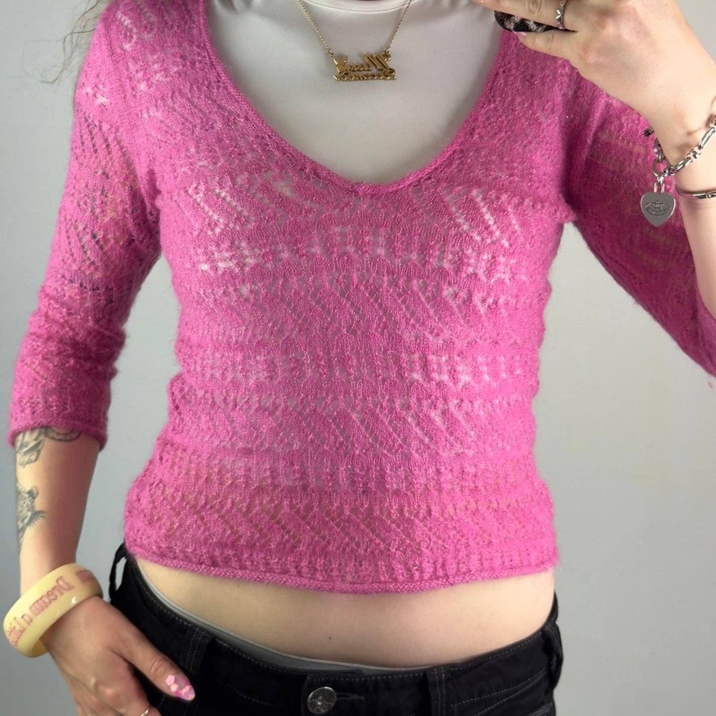 Y2K vintage wool v neck 3/4 sleeve lightweight jumper slight cropped sparkly