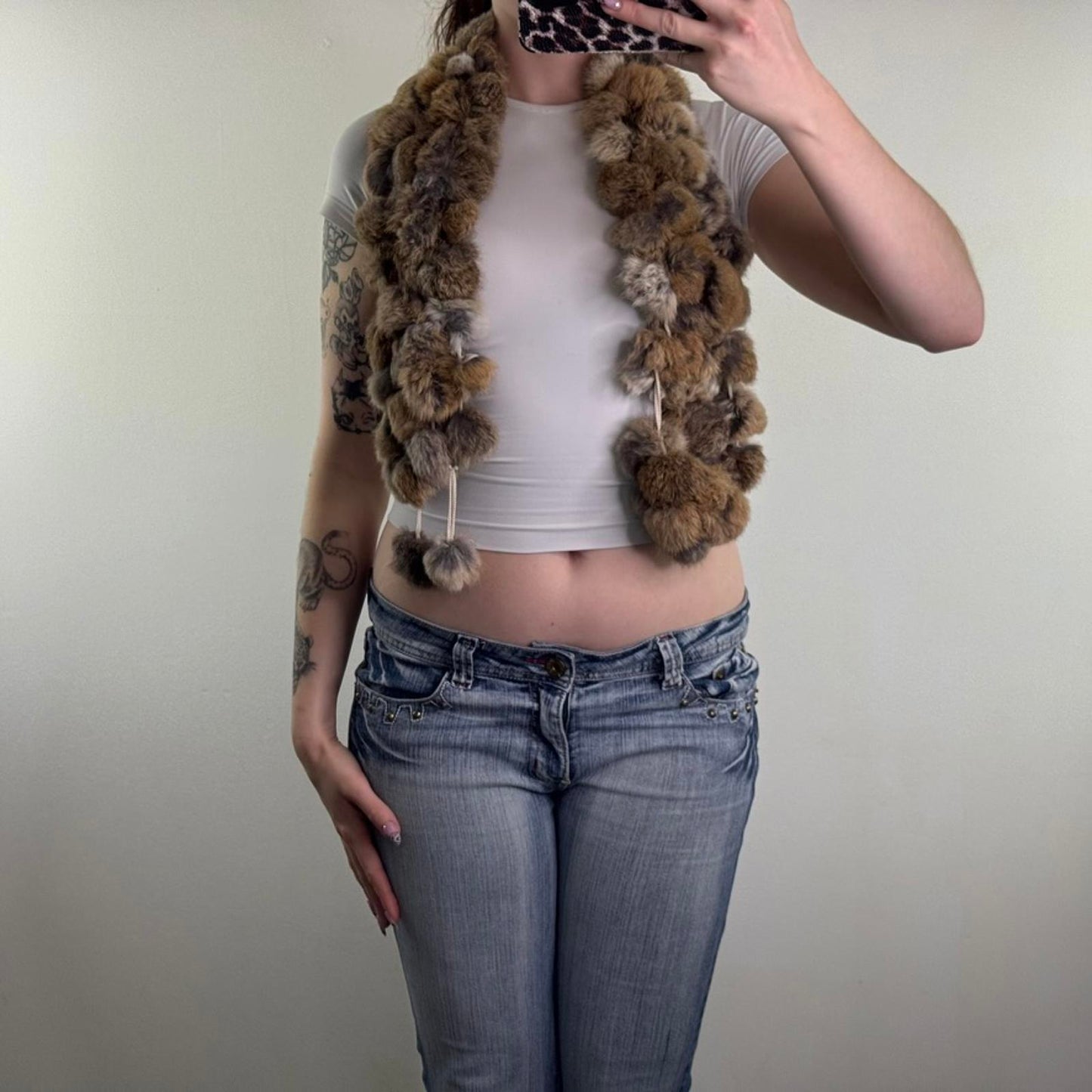 Y2K vintage genuine lapin fur pom pom scarf brown tones