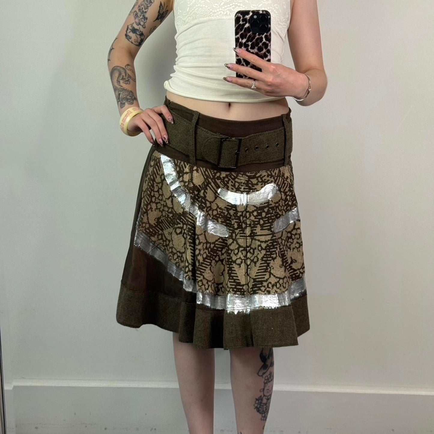 Y2K vintage tweed abstract print midi skirt built in belt khaki cream silver M