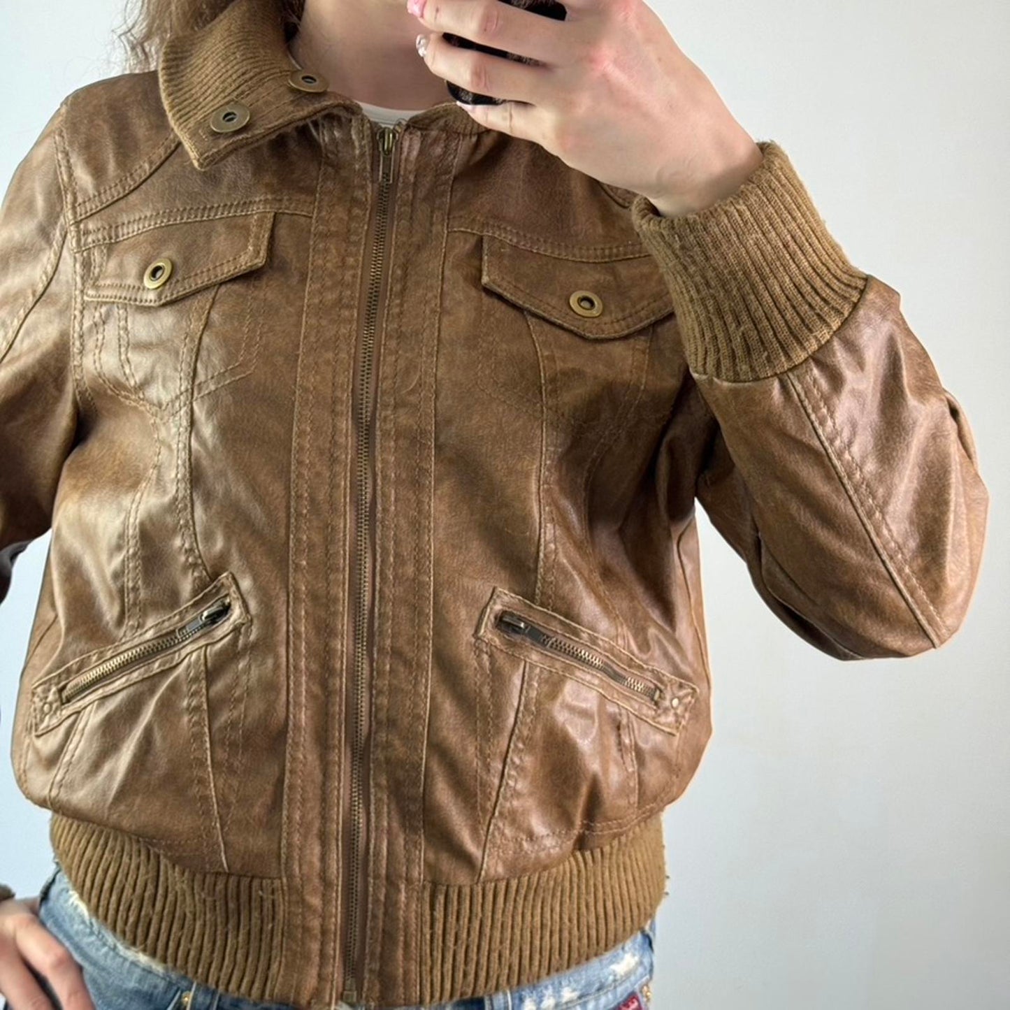 Y2K vintage faux leather bomber zip up jacket short slight crop utility archive