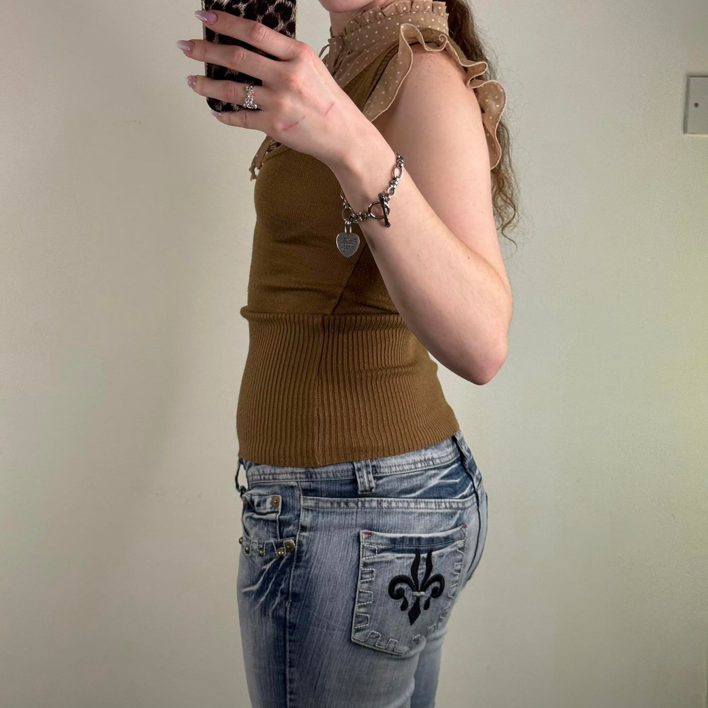 Y2K vintage fine knitted blouse sleeveless polka dot frill high neck