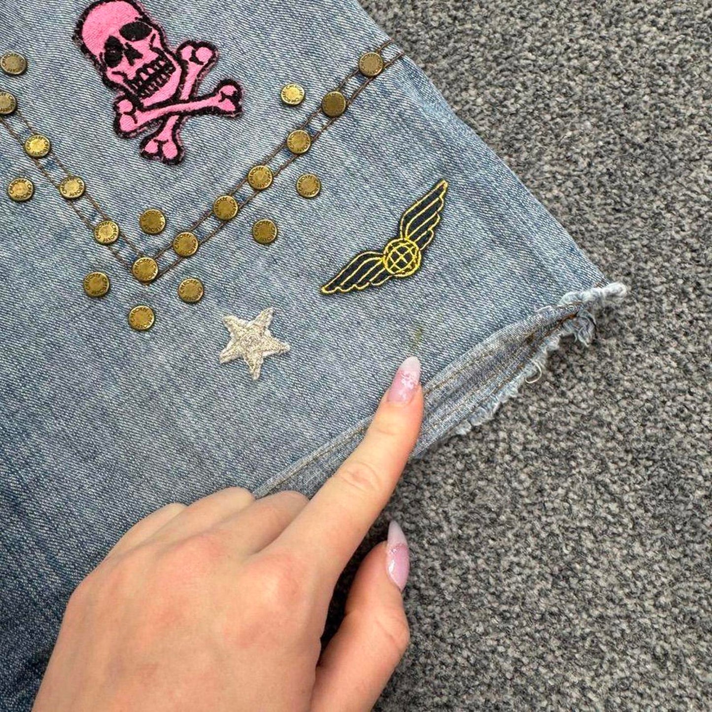 Y2K vintage low rise studded skull denim mini skirt patch usa military mcbling