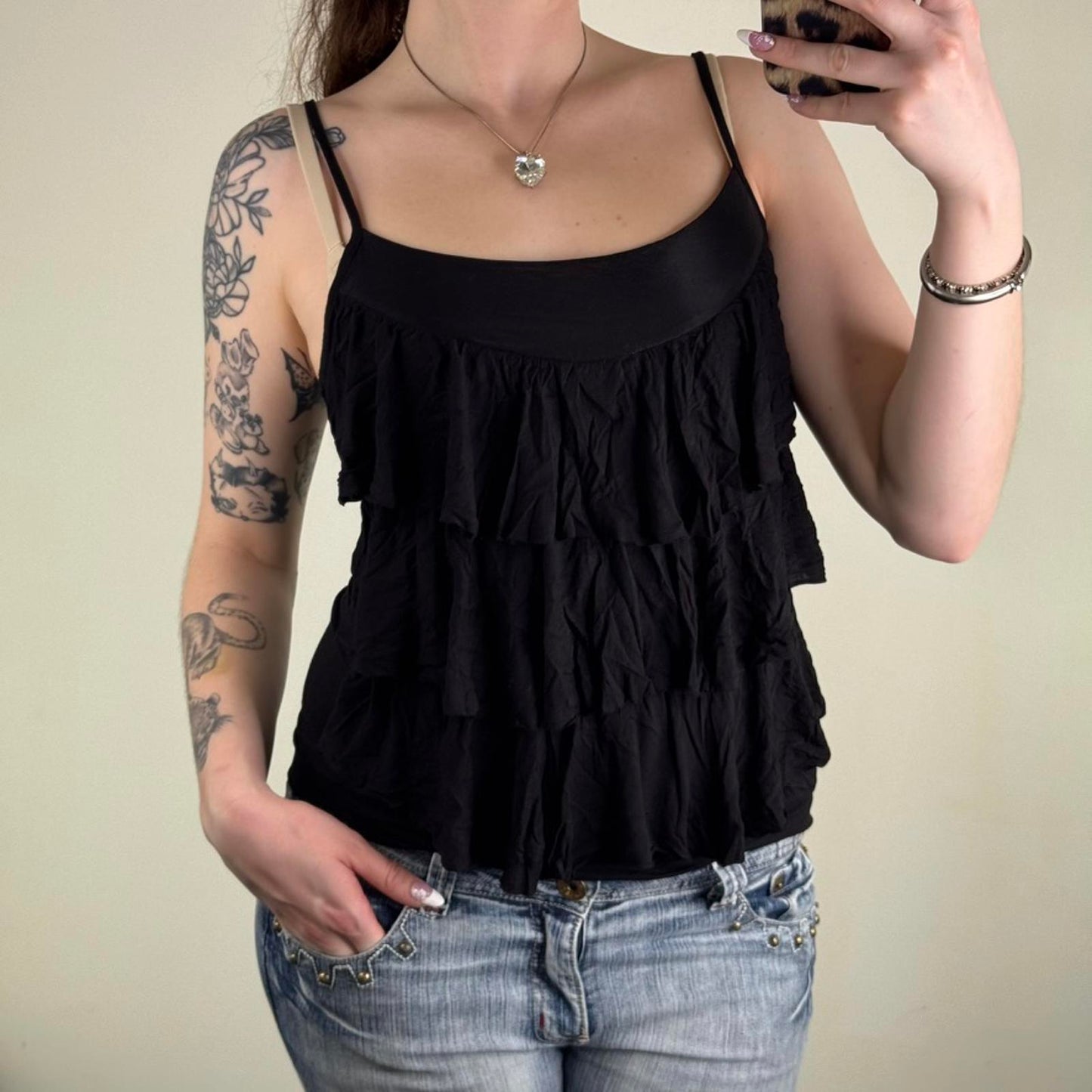 Y2K vintage Mango ruffle cami top layered strappy summer holiday round neckline