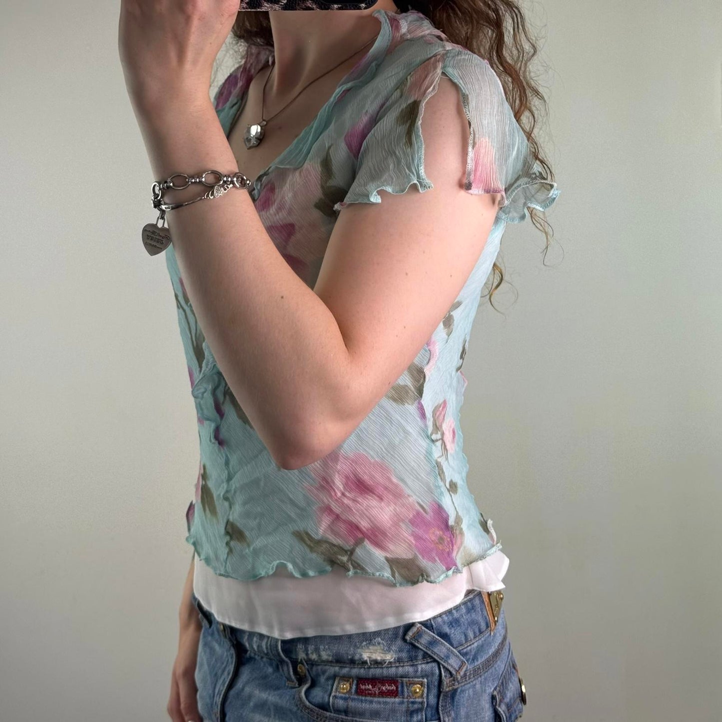 Y2K vintage 100% silk double layered blouse short sleeve blue pink floral rose