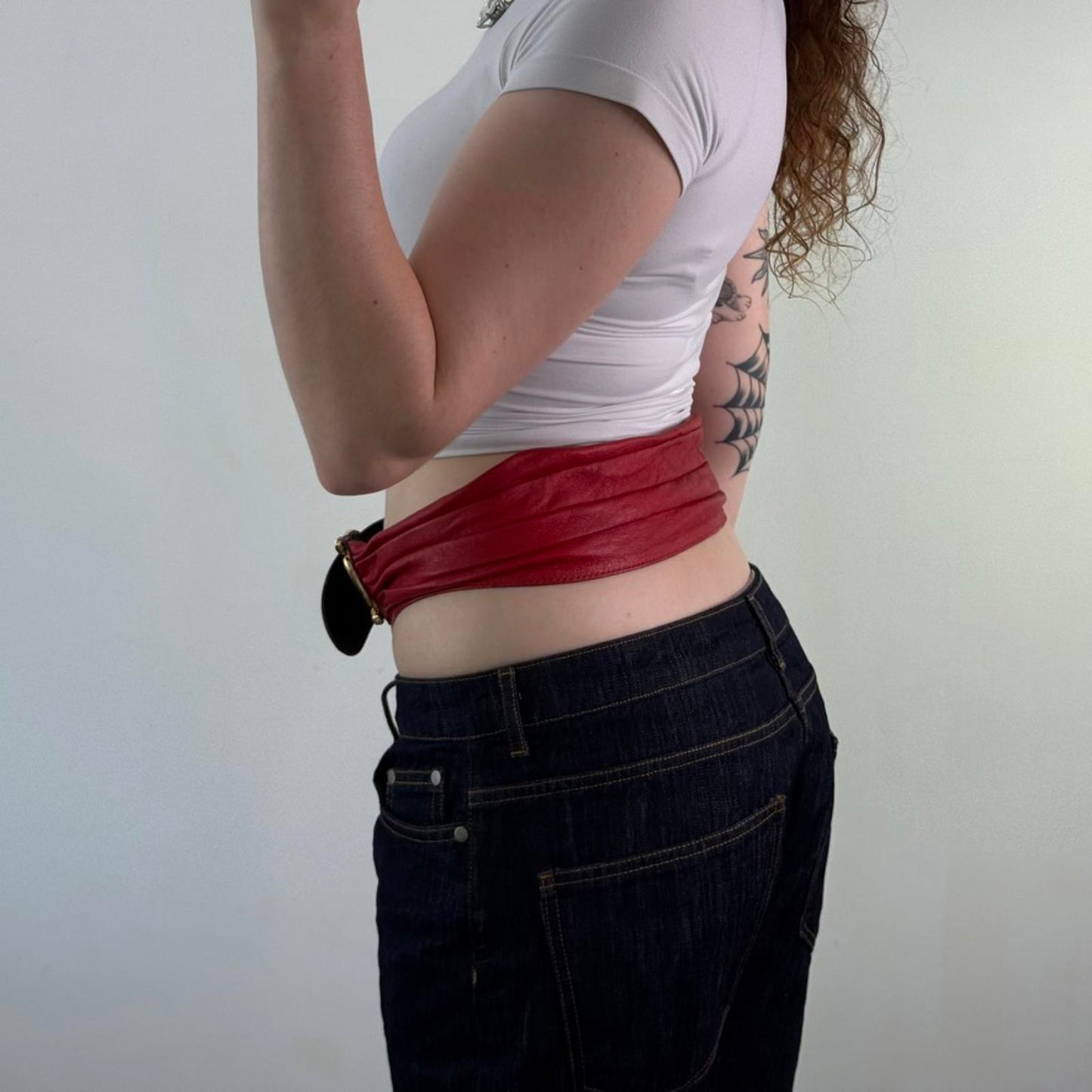 90s Vintage genuine leather chunky red gold belt oversized chunky