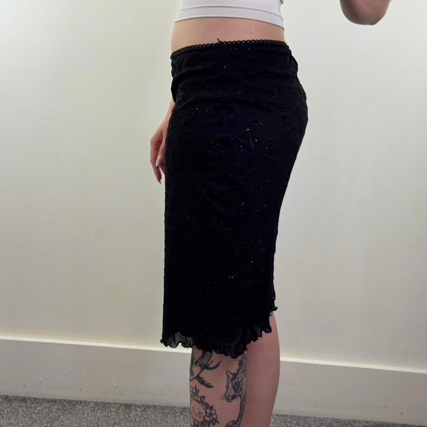 Y2K vintage Bay sparkly glitter midi skirt stretchy low rise bow floral