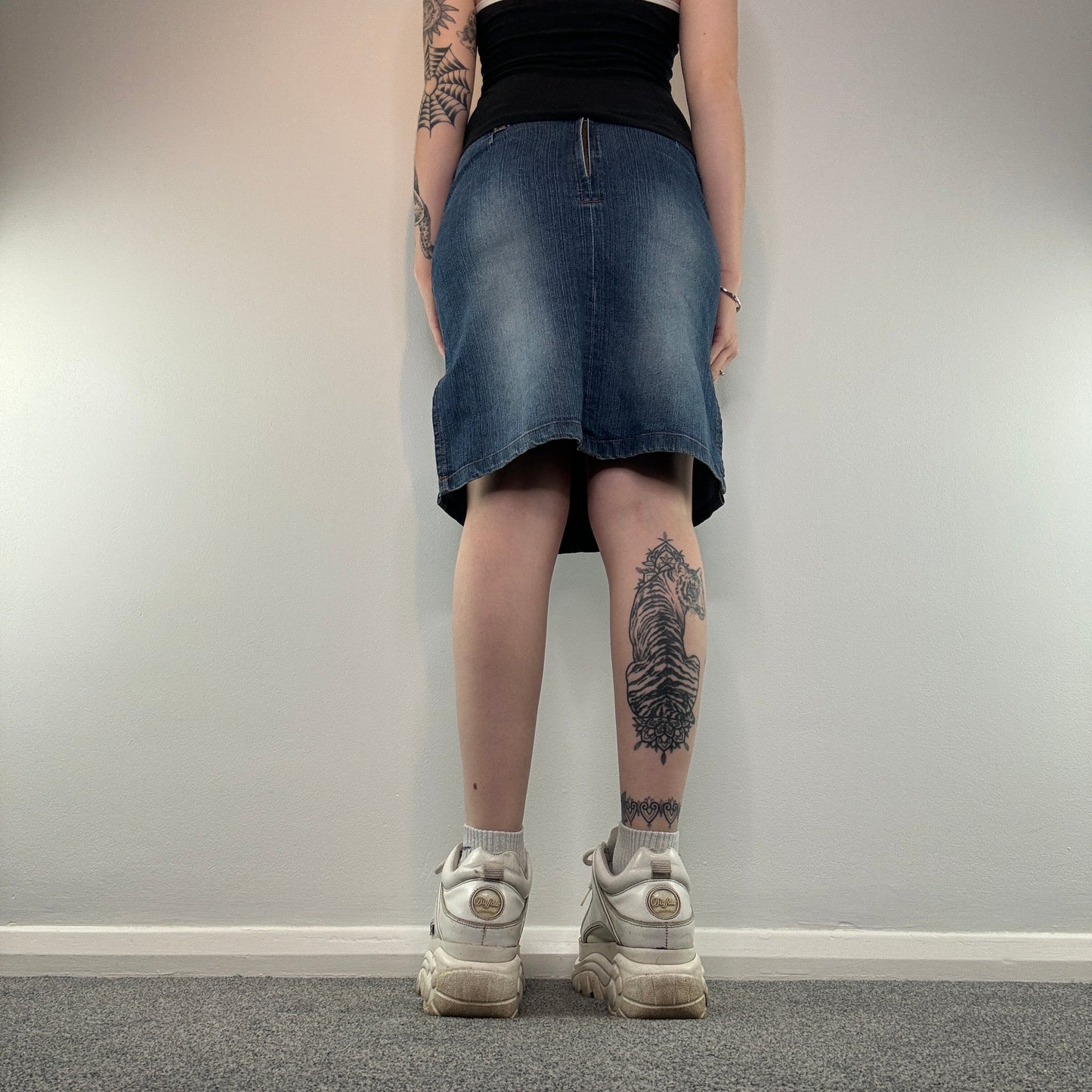 Y2K faded denim midi skirt