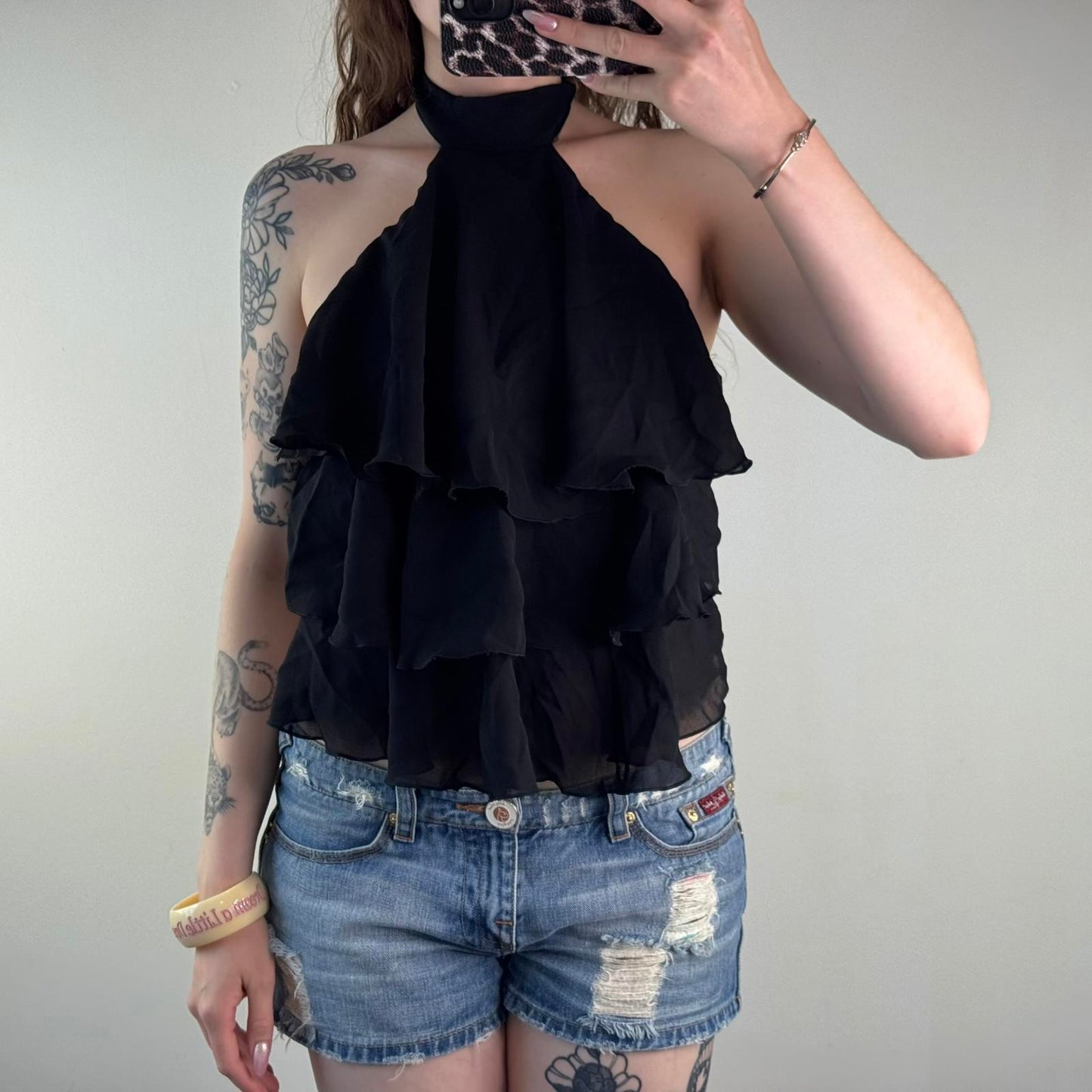 Y2K vintage high neck ruffle top choker halter tiered backless party clubbing