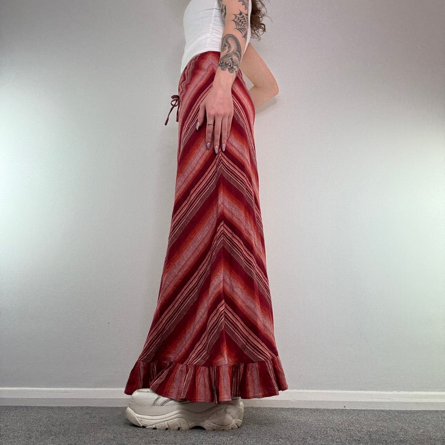 Y2K boho stripy bow chevron maxi skirt frilly hem