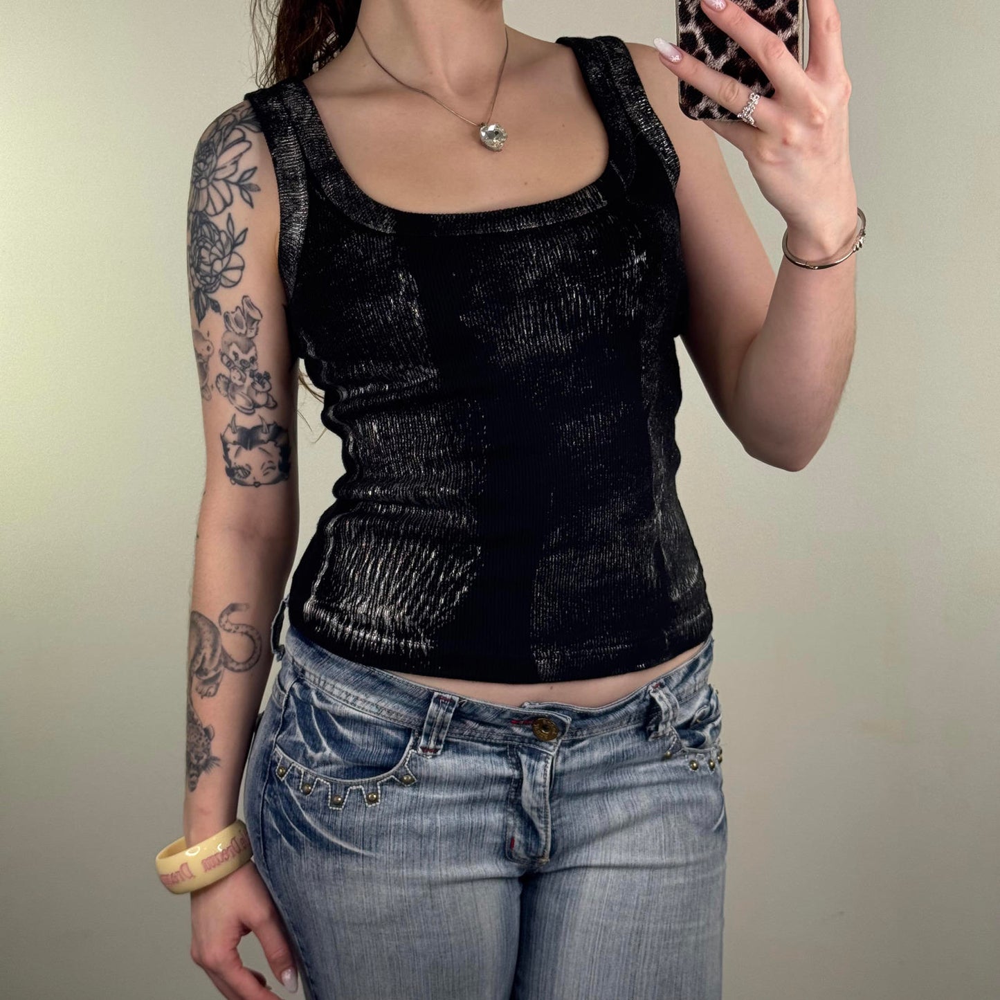 Y2K vintage Bay tank top ribbed silver distressed paint print black archive