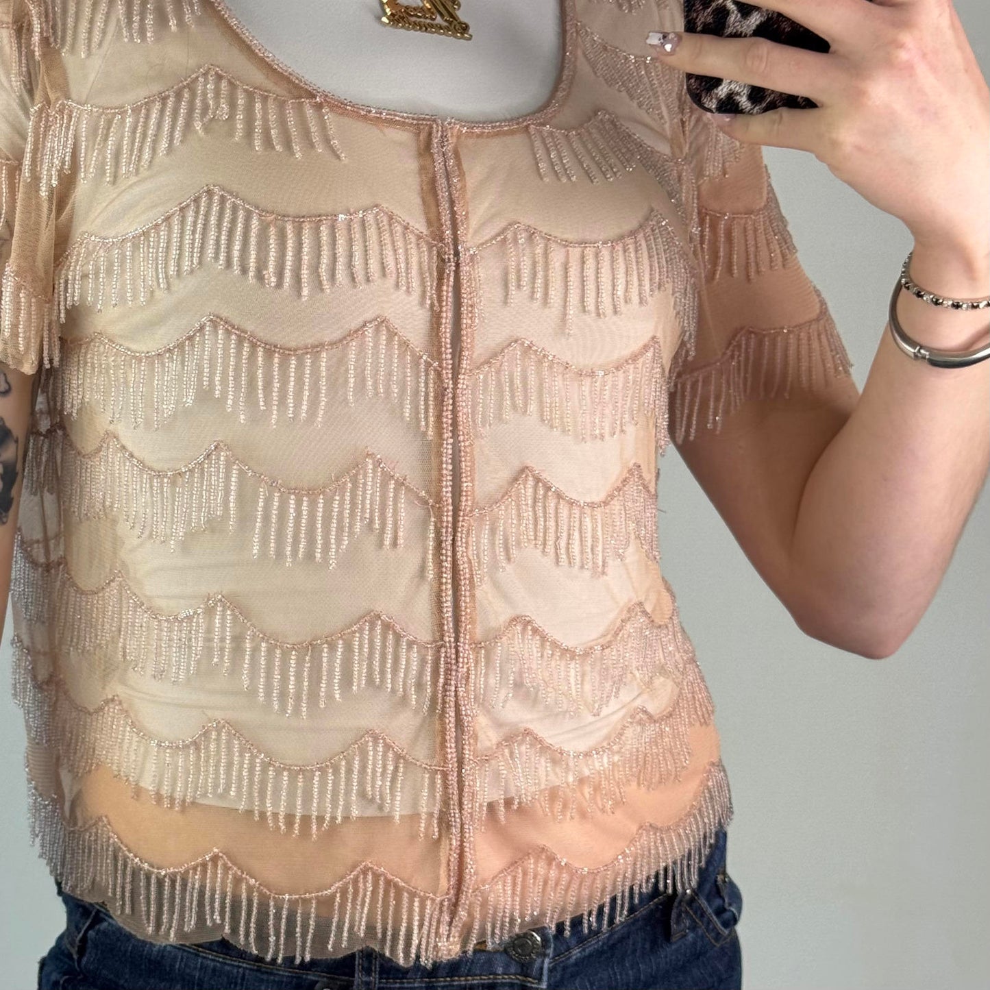 Y2K vintage peach mesh beaded tassel hook and eye short sleeve cardigan