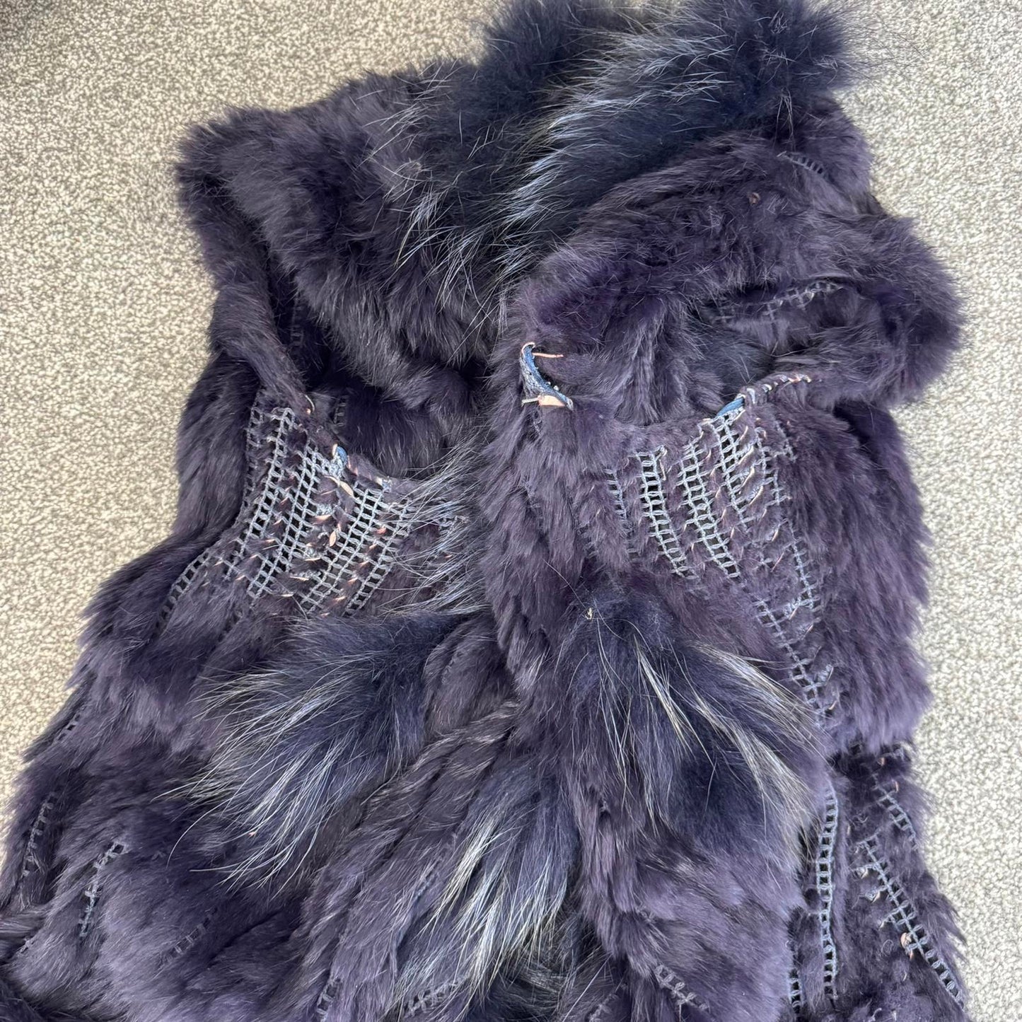 Genuine rabbit/ racoon fur sleeveless jacket gilet dark blue navy side pockets