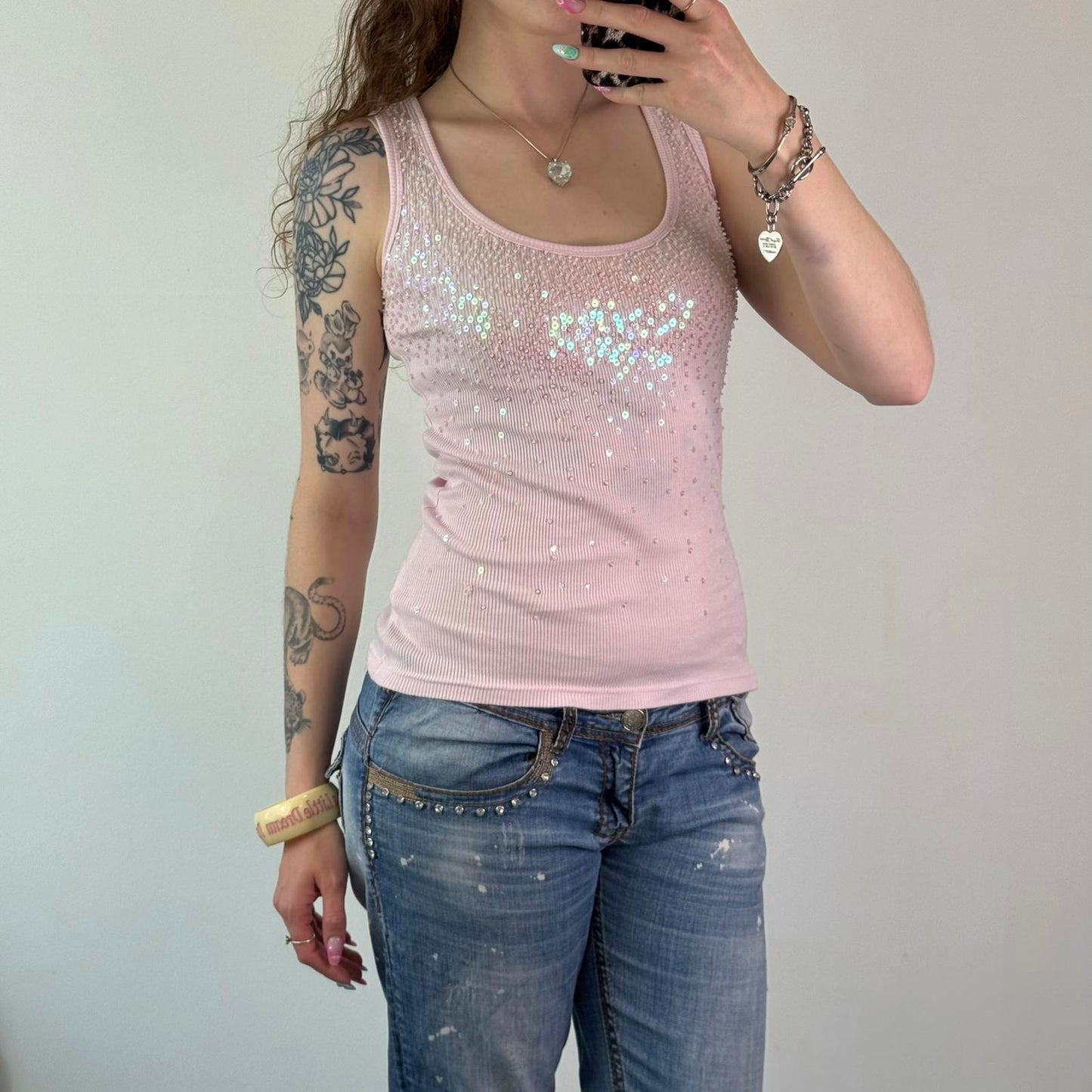 Y2K vintage sequin beaded embellished ribbed tank top round neckline baby pink