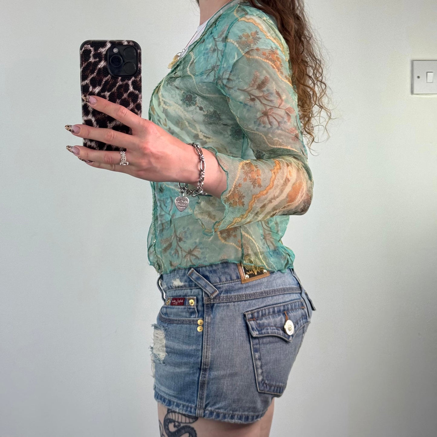 Y2K vintage mesh floral print open front cardigan long sleeve sequin