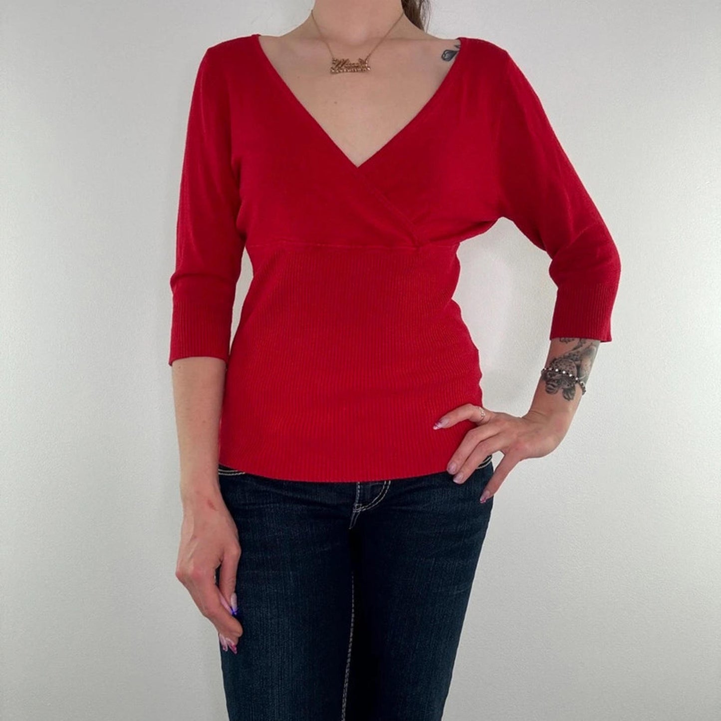 Y2K vintage Bay 3/4 sleeve fine knit jumper open back bow v neck stretchy