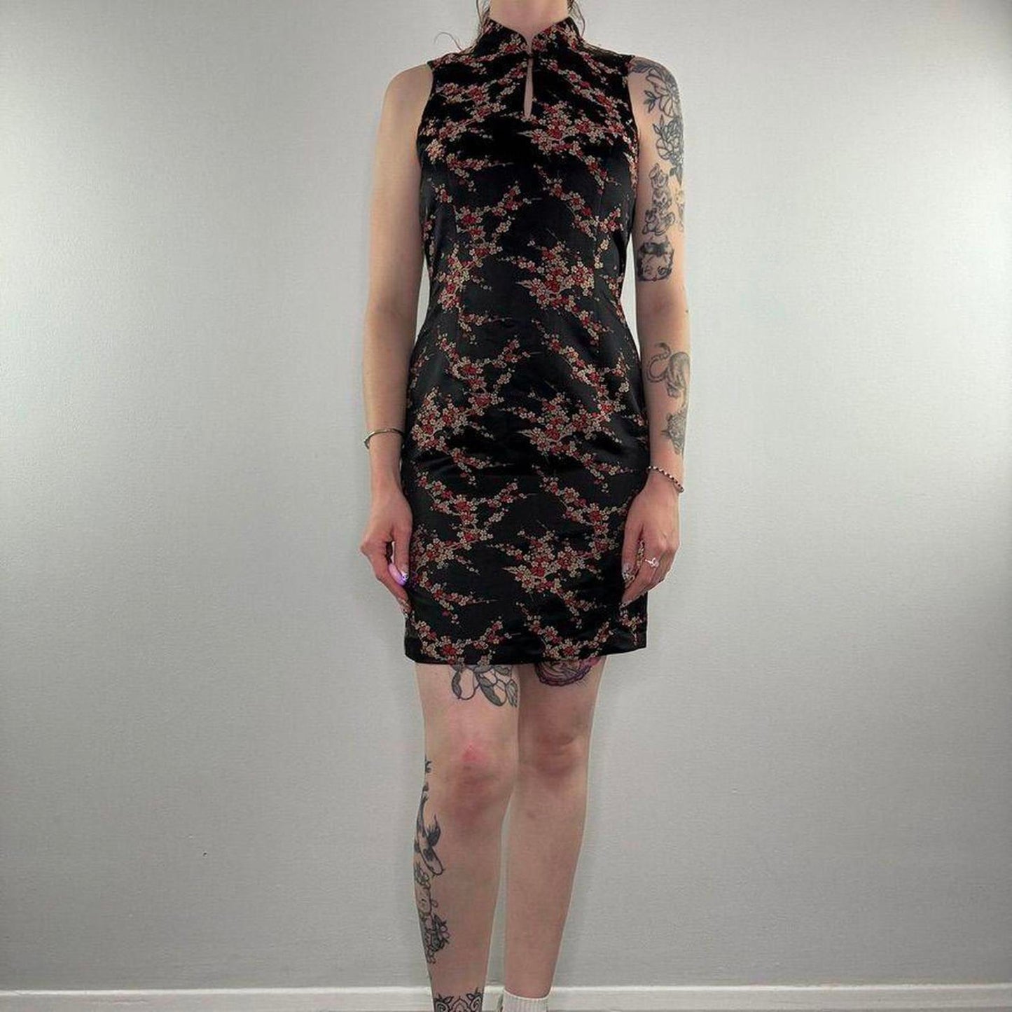 Y2K vintage satin style blossom floral keyhole mini dress oriental high neck
