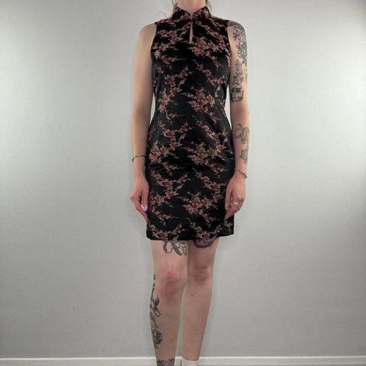 Y2K vintage satin style blossom floral keyhole mini dress oriental high neck