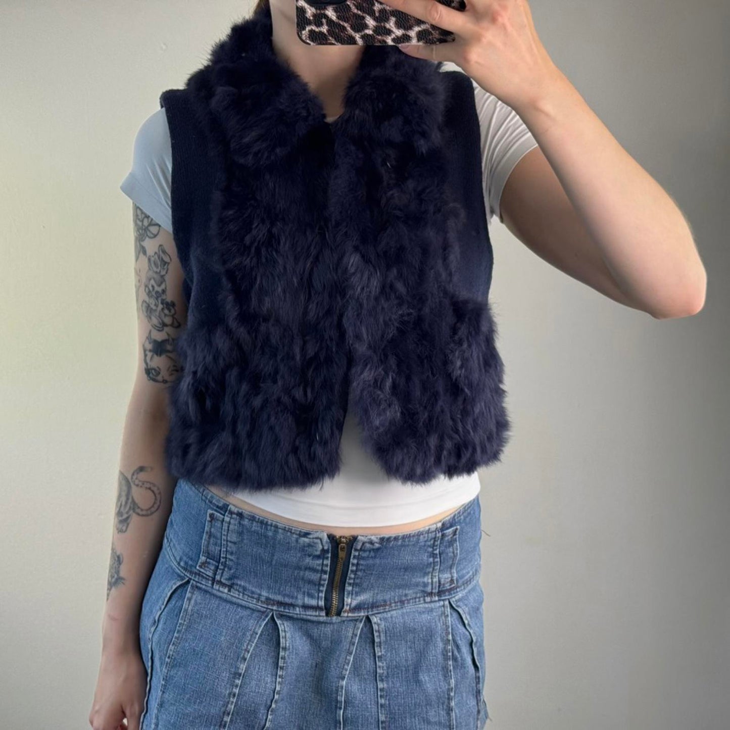 Genuine lapin rabbit fur gilet lace up back sleeveless jacket blue hook and eye