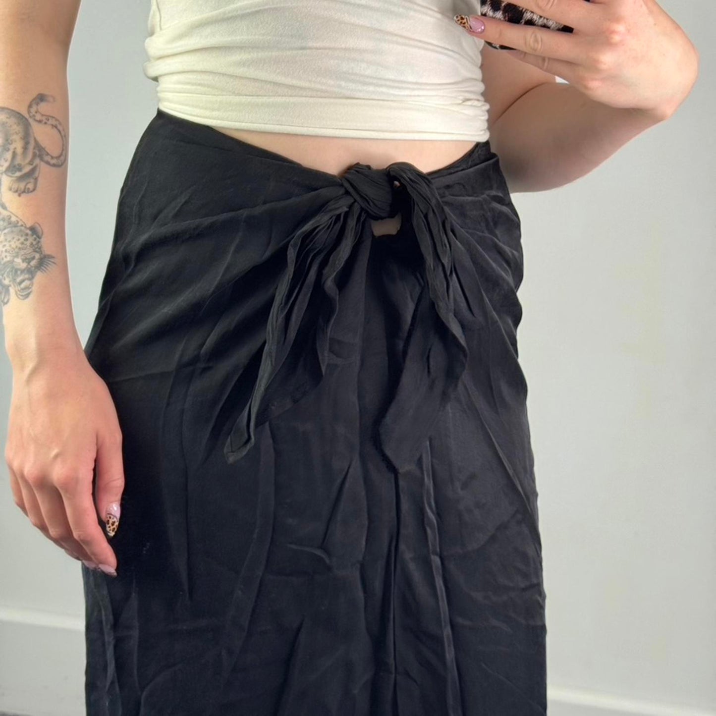 Y2K vintage tie front knot twist maxi skirt black lightweight floaty summer
