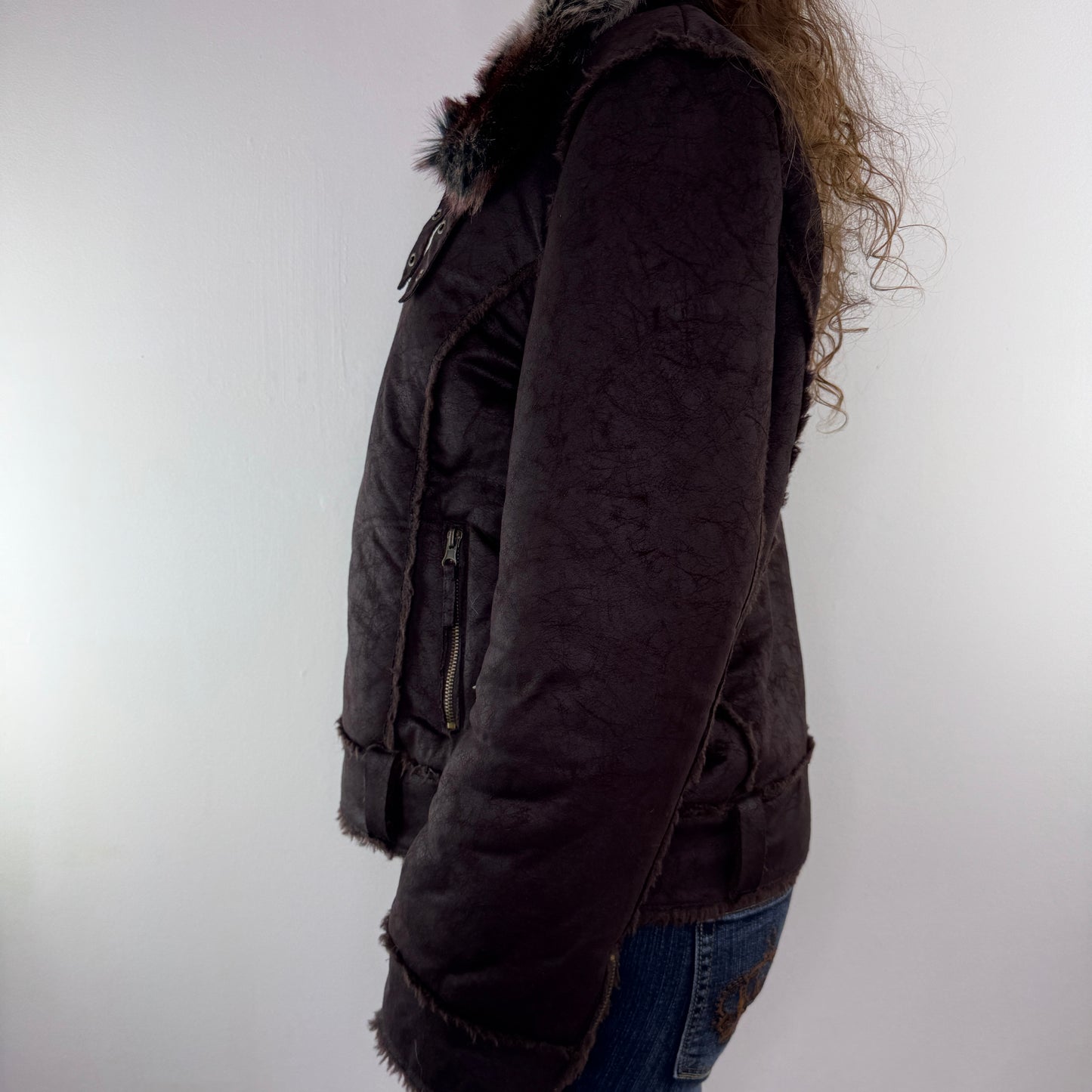 Y2K vintage faux suede zip up jacket faux fur collar trim