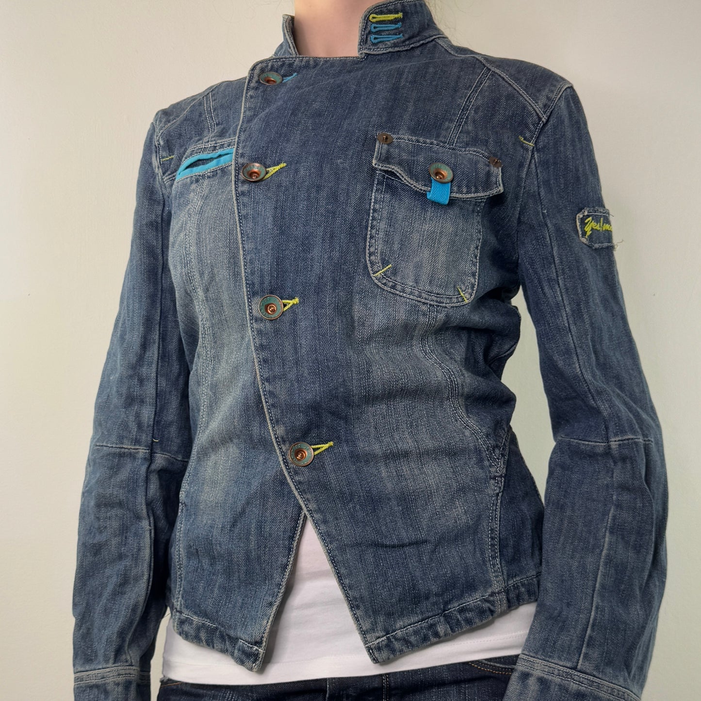 Y2K vintage denim jacket asymmetrical military yellow blue contrast faded denim